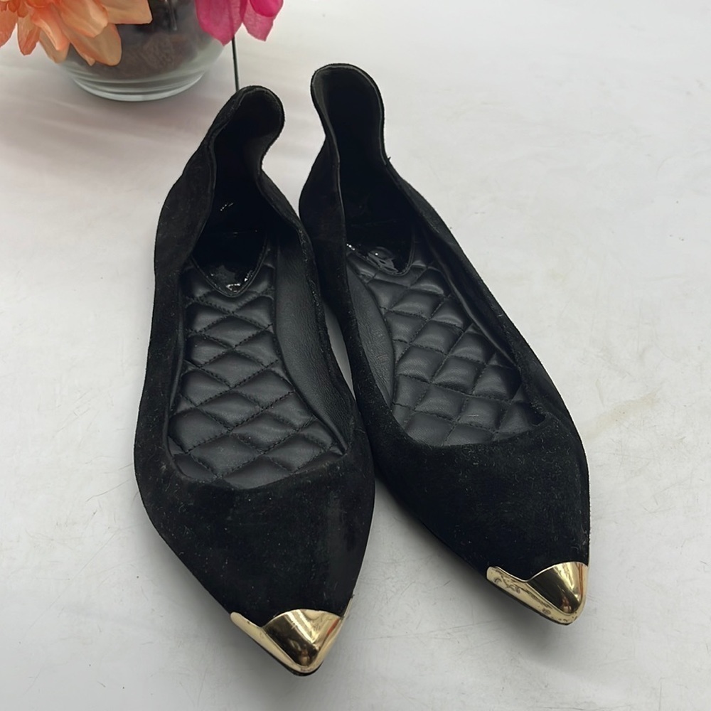 Brian Atwood Black Suefe Pointy Ballet Flats With Gold Cap Toe Sz 7.5. BFL0584B